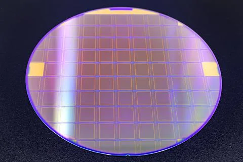Silicon wafer with microchips on black background. Stock Photos