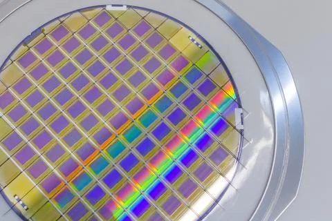 Silicon wafer with microchips fixed in the holder with steel frame on the gre Stock Photos