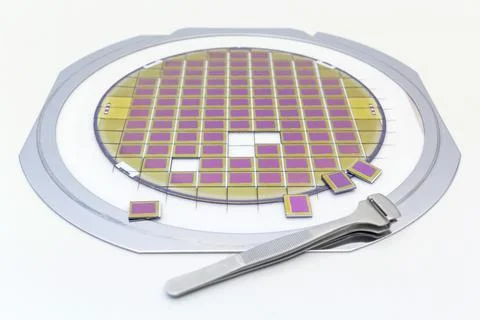 Silicon wafer with microchips, fixed in a holder with a steel frame on a gray Stock Photos