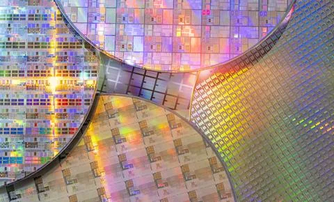 Silicon wafer with microchips reflecting different colors. Stock Photos