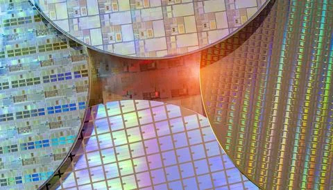 Silicon wafer with microchips reflecting different colors. Stock Photos