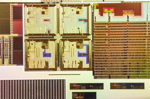 Silicon wafer with microchips used in electronics for the fabrication of in.. Stock Photos