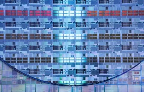 Silicon Wafer with microchips used in electronics for the fabrication of in.. Stock Photos