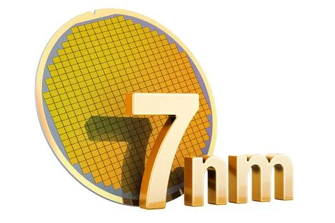 Silicon Wafer with Processor Cores, 7 nm size. 3D rendering Silicon Wafer ... Stock Photos