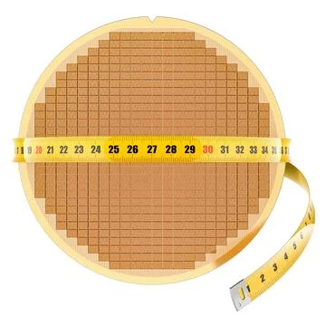 Silicon Wafer with Processor Cores with measure tape around, 3D rendering Stock Illustration