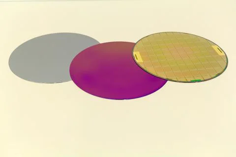 Silicon Wafers three types -empty grey wafer,purple wafer with SiO film and g Stock Photos
