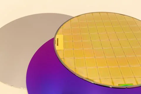 Silicon Wafers three types -empty grey wafer,purple wafer with SiO film and g Stock Photos