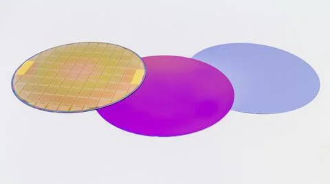 Silicon Wafers three types -empty grey wafer,purple wafer with SiO film and g Stock Photos