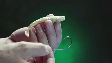 Silicone fishing lure on an offset hook. Close-up on a green background. close Stock Footage 149384819