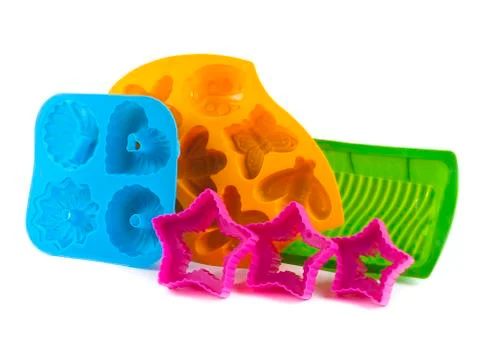 Silicone forms for preparing dessert on white background Stock Photos