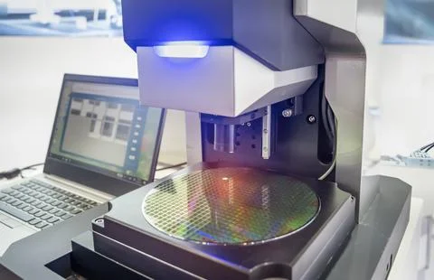 Silicone wafer under the microscope Stock Photos