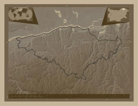 Silistra, Bulgaria. Elevation map colored in sepia tones with lakes and river イラスト素材