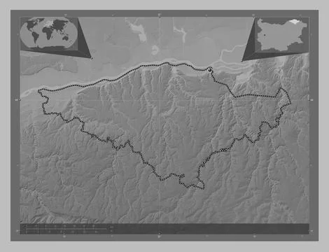 Silistra, Bulgaria. Grayscale elevation map with lakes and rivers Stock Illustration
