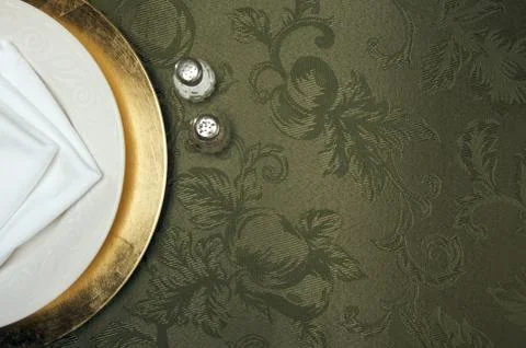 Silk Background and Plate Setting Overhead Stock Photos