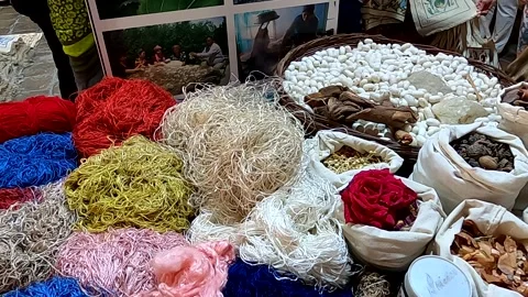 Silk cocoons, raw silk threads and natural dyes in Bukhara workshop Stock Footage 335584720