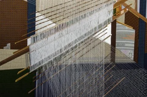 Silk fabric, hand weaving process in Thailand Stock Photos