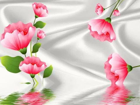 Silk gray background, large pink fabulous flowers, reflected in water Stock Illustration