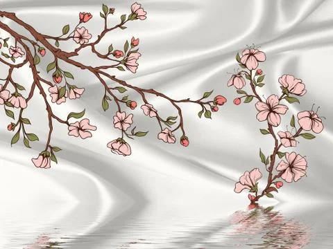 Silk gray background, painted flowering branches, reflected in water Stock Illustration