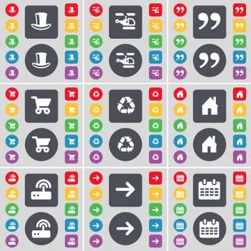 Silk hat, Helicopter, Quotation mark, Shopping cart, Recycling, House, Router, A Stock Illustration