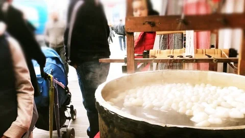 Silk manufacturing cocoon boiling process Stock Footage 82651379