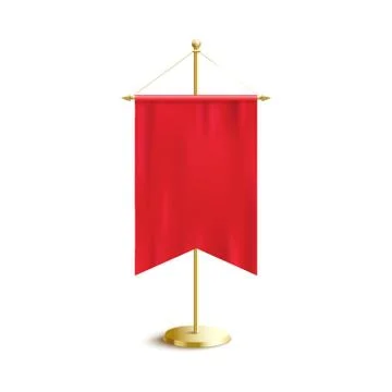 Silk red banner flag with blank copy space hanging on vertical golden stand pole Stock Illustration