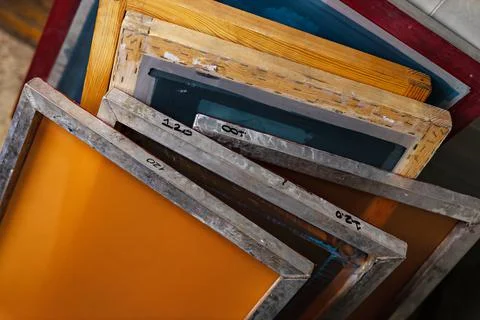 Silk screen mesh screen frames. silkscreen printing. serigraphy production Stock Photos