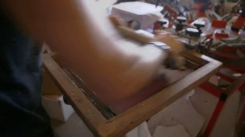 Silk Screen printing manufacturing on t-shirts print Stock Footage 76843536