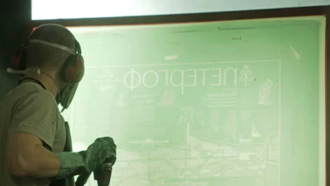 Silk screen printing process - cleaning a screen with water. Video stock 96174225