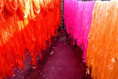 Silk thread after dye for making silky garlands, Jodhpur, Rajasthan, India Stock Photos