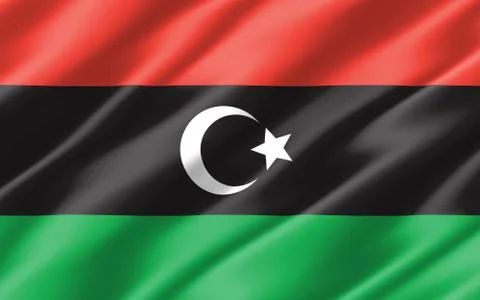 Silk wavy flag of Libya graphic. Wavy Libyan flag 3D illustration. Rippled Li Stock Illustration