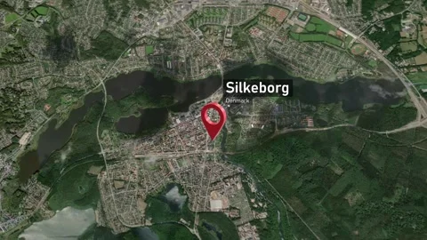 Silkeborg City Map Zoom (Denmark) from Space to Earth Video stock 275377928