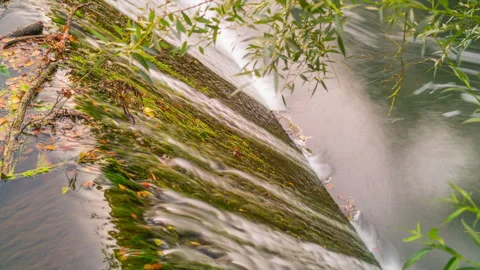 Silky Water Cascading Over Mossy River Weir Stock Footage 343962469