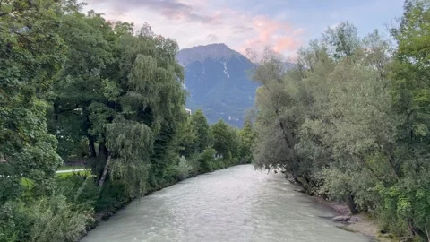Sill river flows through Rapoldi Park at Innsbruck city centre. Austria 動画素材 341510009