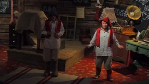 Silly arts elf performances at Santa Park Rovaniemi, medium shot Stock Footage 111449923