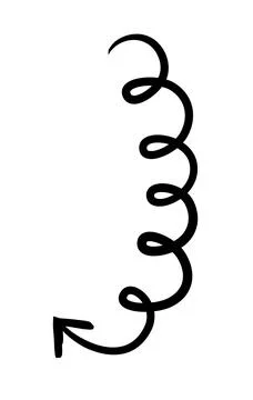 Silly curly arrow spirals vertically downward hand-drawn sketch graphic element Stock Illustration