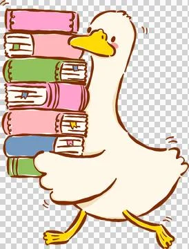 Silly Goose Bookish Carrying Stack of Books Cartoon Character Hand Drawn Stock Illustration