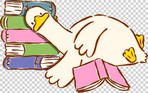 Silly Goose Bookish Sleeoing on Stack of Books Cartoon Character Hand Drawn Stock Illustration