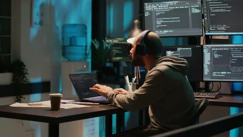 Silly web developer playing air drums and listening to music Stock Footage 221523256