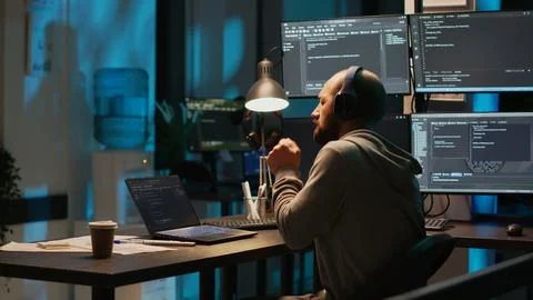 Silly web developer playing air drums and listening to music 스톡 사진