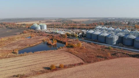 Silo Steel Grain Elevator Storage Agricultural Bulk Materials Aerial Stock-Footage 118328721