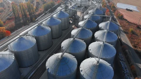 Silo Steel Grain Wheat Elevator Storage Agricultural Bulk Materials Aerial Stock-Footage 118437749