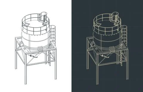 Silo storage for bulk materials isometric drawings illustrations Stock Illustration