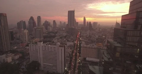 Silom Road in Bangkok at Sunset, Drone Slider Reveal Shot Stock-Footage 71663206