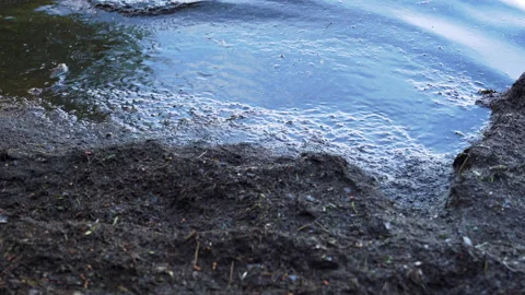 Silt and mud splashes from waves on river lake pond (4k 30p) Stock Footage 156836240