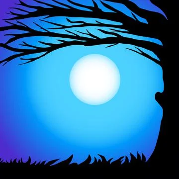 Siluet branches of tree against the night sky in a full moon Stock Illustration
