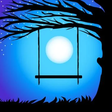 Siluet branches of tree with swing against the night sky in a full moon Stock Illustration
