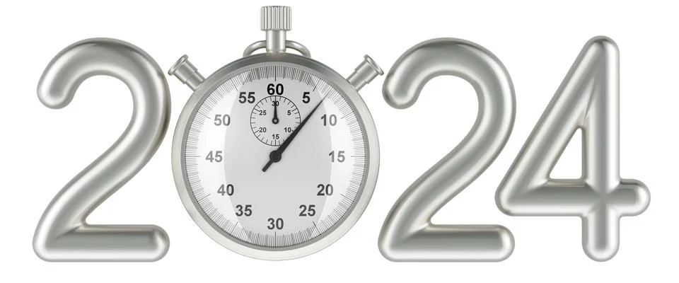 Silver 2024 with stopwatch, 3D rendering Stock Illustration