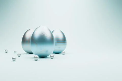 Silver 3D Easter eggs with metallic texture on white. Illustrazione stock