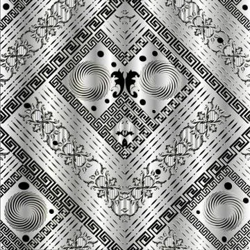 Silver 3d greek key meanders seamless pattern. Vector abstract textured backg Illustrazione stock