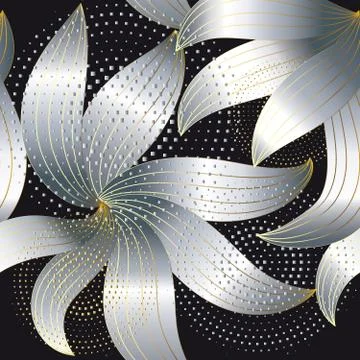 Silver 3d striped flowers vector seamless pattern. Modern abstract geometric  스톡 일러스트